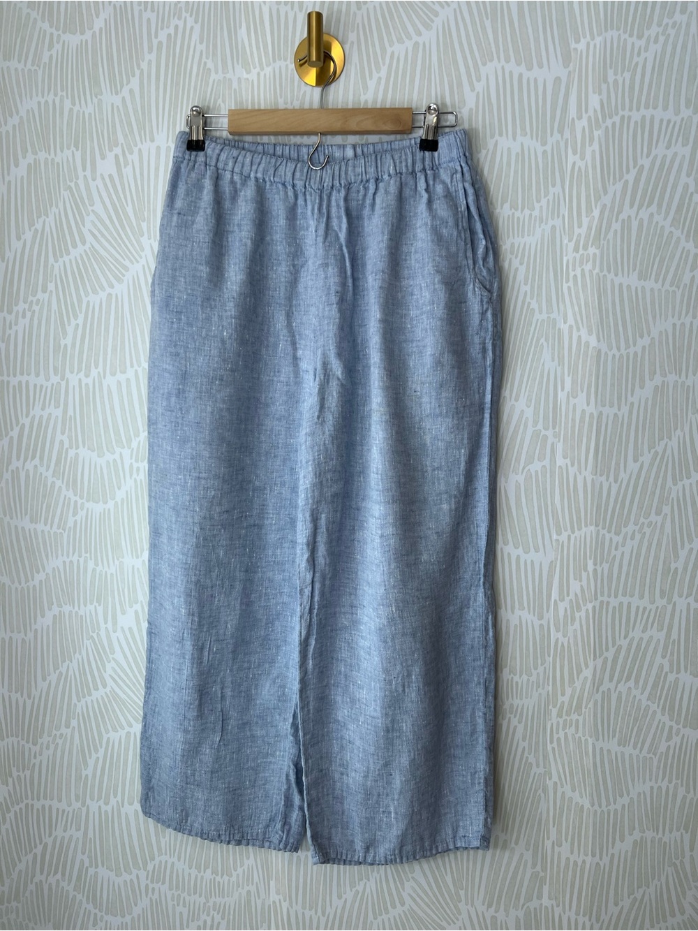 FLAX Light Blue Linen Wide Leg Pull-On Pants Women’s Elastic Waist Pockets - Picture 2 of 13